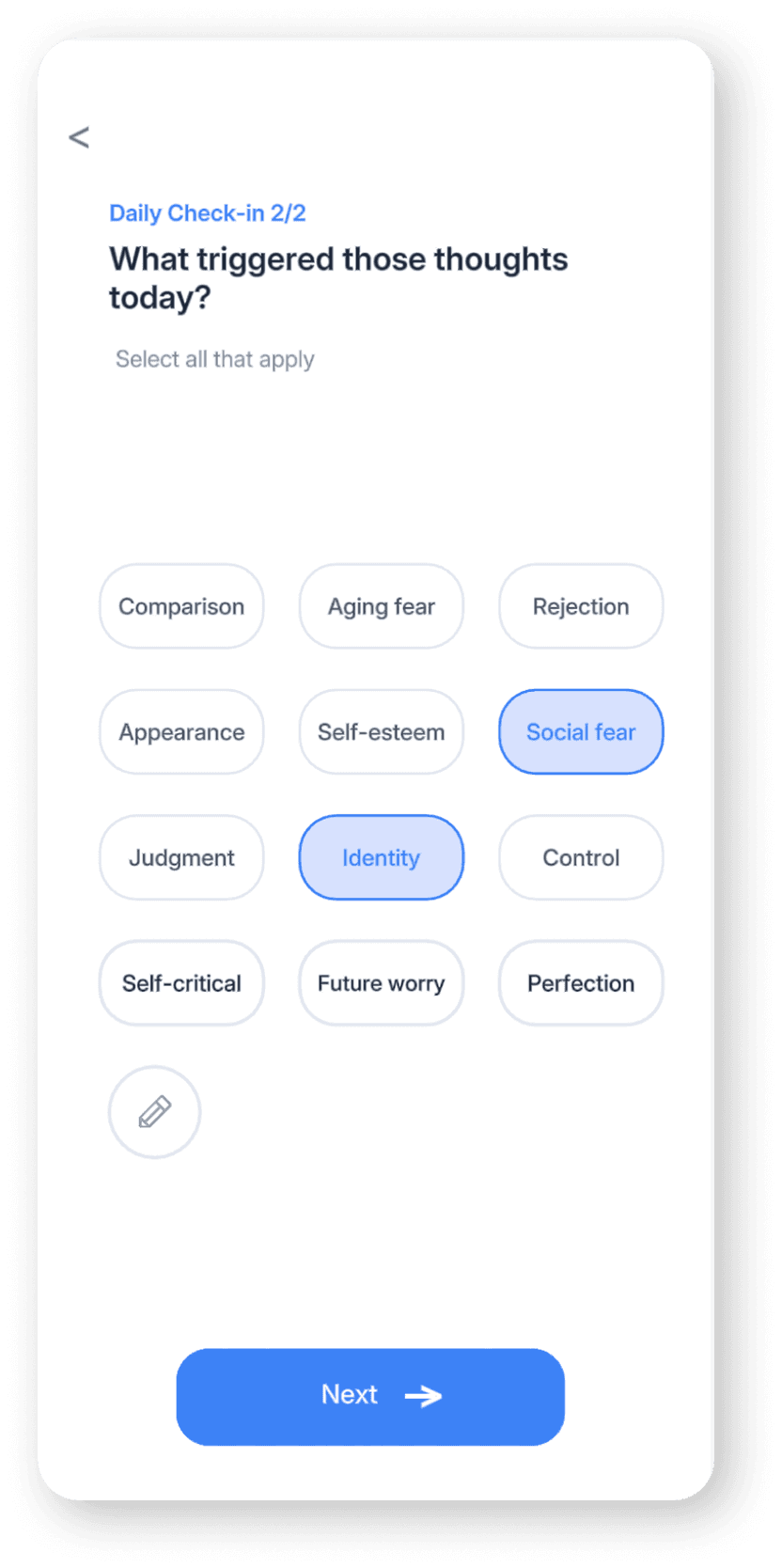 Daily check-in flow asking what triggered your thoughts