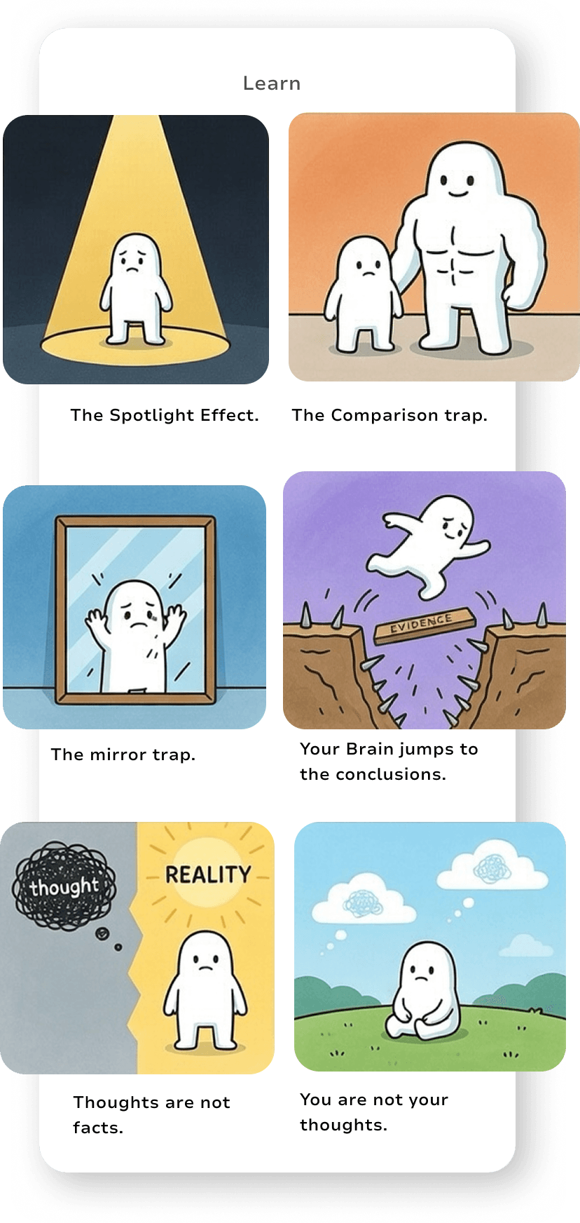 Learn screen with educational cards on thinking patterns