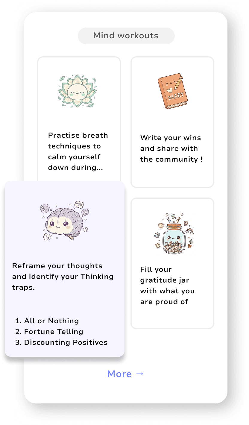 Mind workouts screen with exercise cards